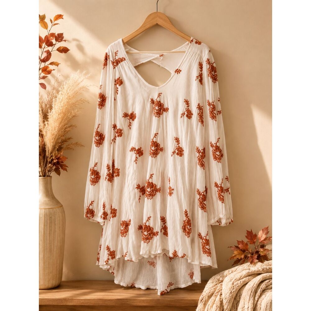 Free People White Rust Embroidered Boho Tunic Mini Dress Size S